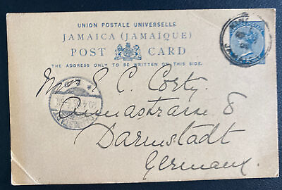 #ad 1905 Kingston Jamaica PS Postcard Cover To Darmstadt Germany $149.99