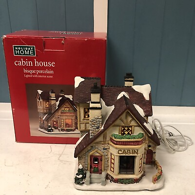 #ad Holiday Home Cabin House Bisque Porcelain Interior Scene Christmas Village $49.99