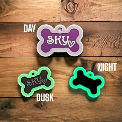 #ad CUSTOM ENGRAVED PET TAG BONE SHAPE WITH GLOW IN THE DARK SILENCER DOG CAT $8.95