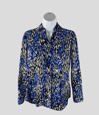 #ad Talbots Women’s Petite Blue Geometric Print Nantucket Blouse Top Long Sleeve $12.49