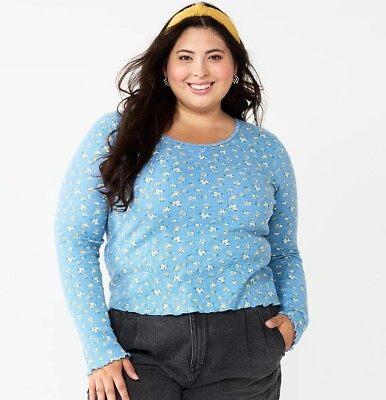 #ad Juniors#x27; Plus Size SO Basic Thermal Cropped Blue Gold Floral Tee Multiple Sizes $15.00