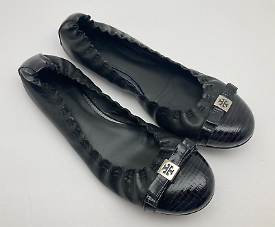 #ad Tory Burch Soft Ballet Flats Black Leather Embossed Toe Casual Shoes Size 7.5 M $57.95