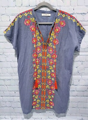 #ad Natural Life Womens Size M Medium Boho Embroidered Chambray Floral Tassel Dress $21.00