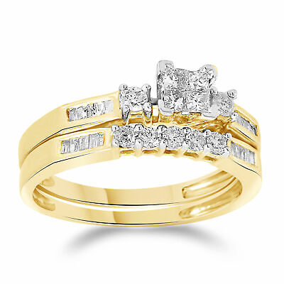 #ad 10K Yellow Gold Plated Silver Diamond Ring Princess Wedding Bridal Set $254.17