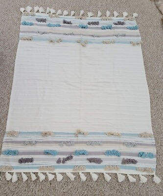 #ad Boho Throw Blanket Fringe Tassel 100% Cotton Aqua Gray Tan Couch Decor $21.28