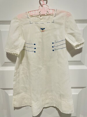 #ad Vintage White Baby Dress With Blue Embroidery $22.99