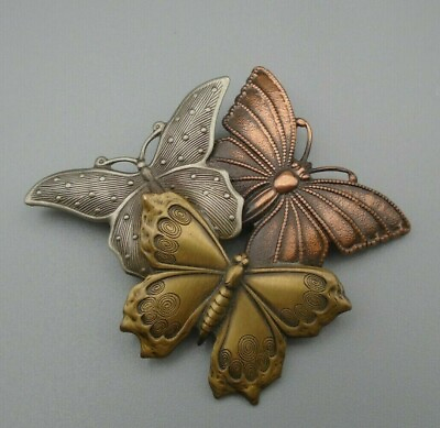 #ad Vintage Gold Silver amp; Copper Tone Butterflies Brooch $34.99