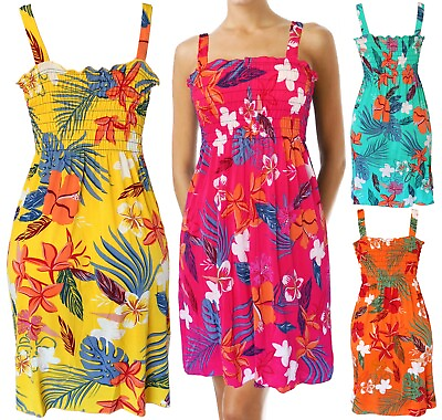 #ad Summer Sundress for Women Hawaiian Beach Cover Up Sleeveless Smocked Dress $12.95