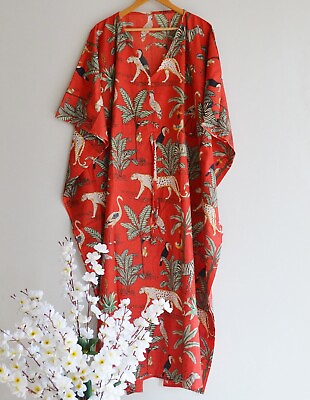 #ad Indian Vintage 100% Cotton Long Beach Maxi Kaftan Dress One Size Caftan Kimono $26.99