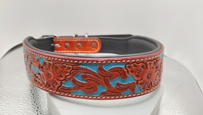 #ad Genuine Leather Dog Collar Teal Accents Floral For Large Dog $55.95