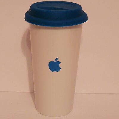 #ad Apple Computer Ceramic Double Wall Travel Coffee Cup w Blue Silicone Lid $24.95