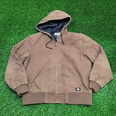 #ad Dickies Heavy Workwear Canvas Hooded Jacket L 24x26 Baggy Faded Brown Lined $61.89