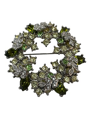#ad Vintage Silver Tone Green And Clear Rhinestones Brooch Unsigned $19.99