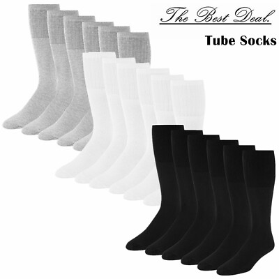 #ad 3 12 Pairs Mens Athletic Sports Solid Mid Calf Cotton Long Tube Socks Size 9 15 $21.88