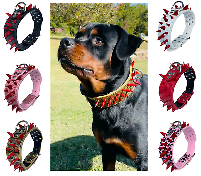 #ad Dog Collar Sharp Red Spikes Spike Adjustable Rivet PU Leather 2quot; wide S M L XL $15.88