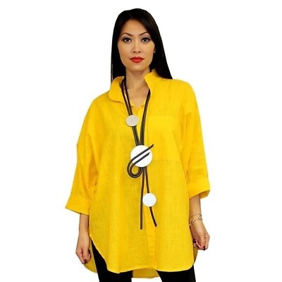 #ad Dilemma Fashions yellow cotton button front big shirt Casual Oversized $29.99