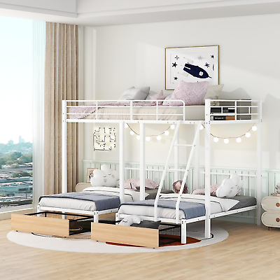 #ad Triple Bunk Bed Metal Full over Two Twin Beds with Storage Drawers and Shelf Det $625.99