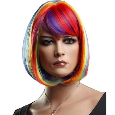 #ad Women Short Bob Synthetic Wig Rainbow Straight Hair With Bangs New with Tag $14.99
