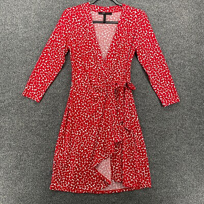 #ad BCBG Maxazria Wrap Dress Womens S Red Geometric V Neck Ladies Office Modest $29.95