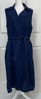 #ad Lafayette 148 New York Dress Linens Pockets MIDI Style Tie Waist Navy Color $65.00