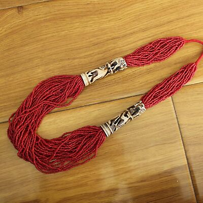 #ad NK219 Ethnic Tibetan Bone Carved Elephants Red Beaded Multi Rows Long Necklace $16.99
