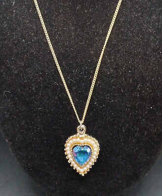 #ad Vintage Heart Faux Pearl amp; Blue Purple Faceted Glass Stone Pendant Necklace #452 $9.00