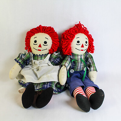 #ad Lot of 2 Vintage Handmade Stuffed Raggedy Girl And Boy Dolls Red Hair I Love You $49.40