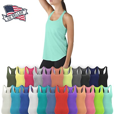 #ad Womens Tank Top Cotton Sleeveless Tee Casual Basic Workout RACER BACK Yoga Gym $7.99