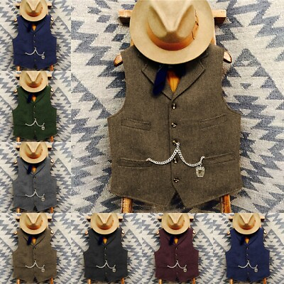#ad Mens Tweed Cowboy Vest Vintage Western Wool Herringbone Casual Vests M L XL XXL $17.99