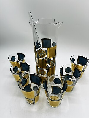 #ad Rare Mid Century CULVER CARNIVAL Blue amp; 22K Gold Martini Cocktail Set 8 pcs $145.00