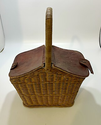 Vintage Lover#x27;s Picnic Basket Leather Snap Lids Creel Wicker Small $9.99