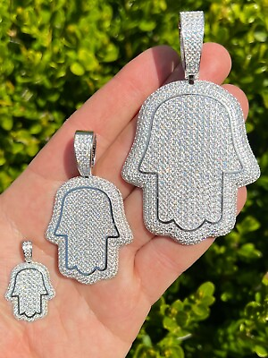 #ad Real 925 Sterling Silver Hand Of God Hamsa Iced Hip Hop CZ Pendant Necklace $96.73