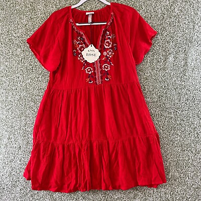 #ad Knox Rose Dress Women Medium Red Gauze Floral Embroidered Drop Waist Boho NWT $19.99