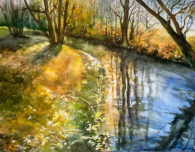 #ad Fall landscape original watercolor painting Autumn River watercolor wall art $140.00