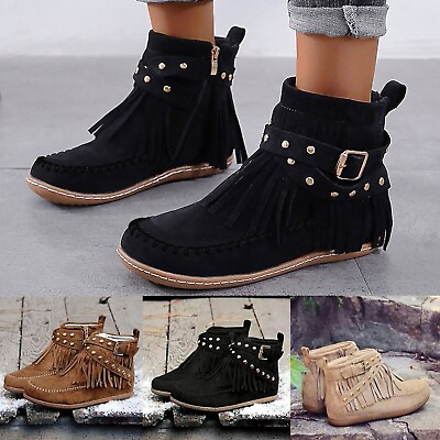 #ad Women Solid Suede Retro Toe Round Short Shoes Tassel Zipper Flat Color Booties $23.75