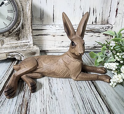 #ad Brown Wood Look Resting Rabbit Figurine Rustic Spring vintage Style Decor $22.99