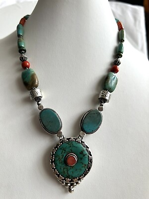 #ad Vintage Tibetan Necklace Turquoise And Coral Ethnic Handmade Silver Jewelry $109.99