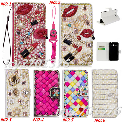 #ad PU Leather Flip Bling Sparkly Diamonds Wallet Case Girls#x27; Phone Cover w Lanyard $10.99
