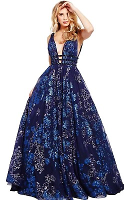 #ad Jovani Navy Blue Glittery Floral Tulle Beaded Ballgown New with Tags Size 0 $275.00