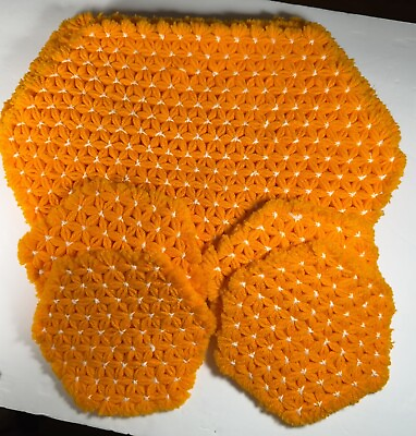 #ad Vintage Handmade Orange Set Of 4 Crochet Placemats 4 Coasters Exc Vtg Condition $18.00