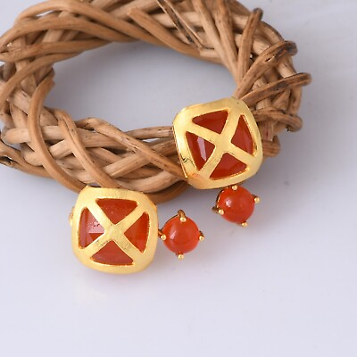 #ad Yellow Gold Plated Carnelian Criss Cross Designer Stud Earrings Jewelry For Gift C $32.09