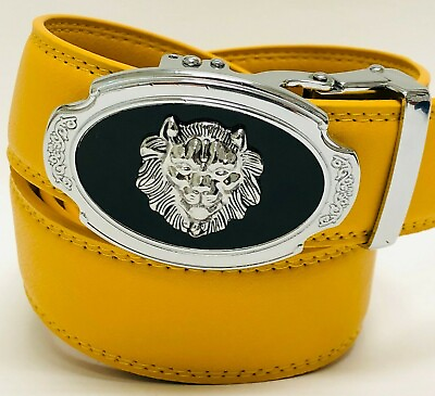 #ad Automatic Oval Silver Gold Buckle Mustard Leather Designer Lion Head Belt Men#x27;s $19.99