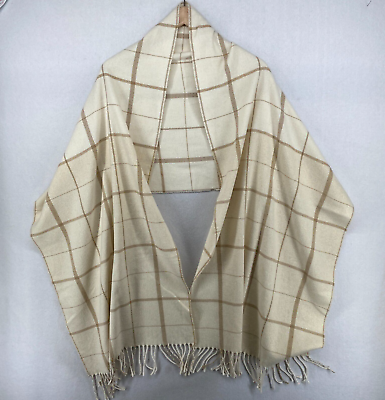 #ad EILEEN FISHER Scarf Cotton Metallic Check Fringe Flannel Off White Gold NEW $59.99