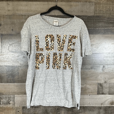 #ad Victorias Secret Love Pink Womens Size Medium Campus Tee Shirt Leopard Grey Top $19.95