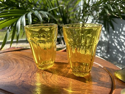#ad 2 VTG MCM Pasabahce Palaks Yellow Jewel Colored Panel 8 oz Glasses JuiceTumblers $19.98