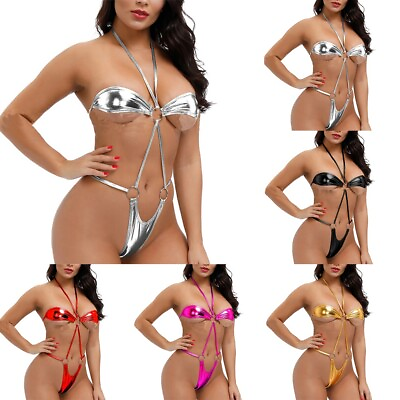 #ad Show Off Your Curves with Women#x27;s Free Size Shiny Sling Shot Bikini Bodysuit C $12.32