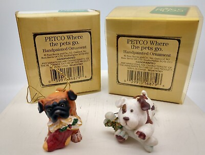 #ad 2 Russ Petco Dog Small Ornaments Puppy bone and Boxer with stocking hand painted $15.99