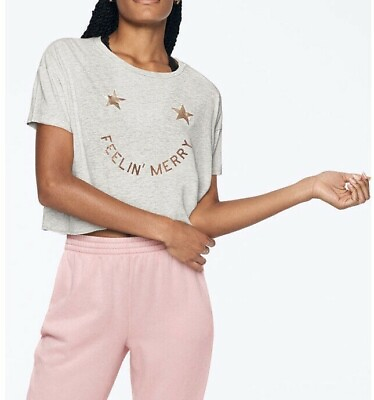 #ad Victorias Secret PINK Logo quot;FEELIN MERRYquot; Cotton Modal Cropped Top Tee T shirt $11.24