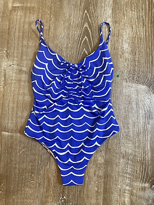 #ad NEW J.Crew Playa Blue White printed one piece swim Small NWOT $39.97