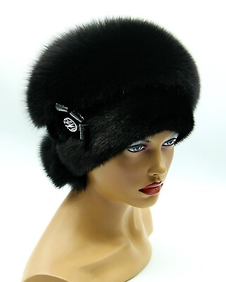 #ad Fur Hat Women#x27;s Ladies Winter Fox and Mink Headdress Black $265.00
